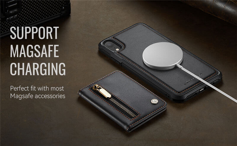 JEEHOOD iPhone XR Detachable Magnetic Zipper Wallet Case