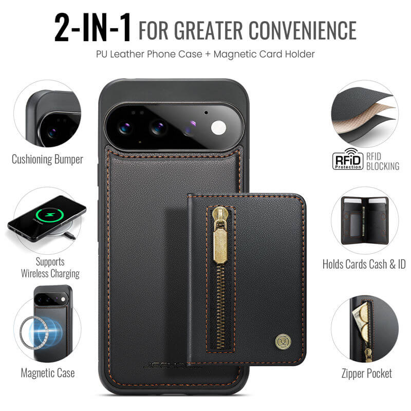 JEEHOOD Google Pixel 11/Pixel 11 Pro Detachable Magnetic Zipper Wallet Case