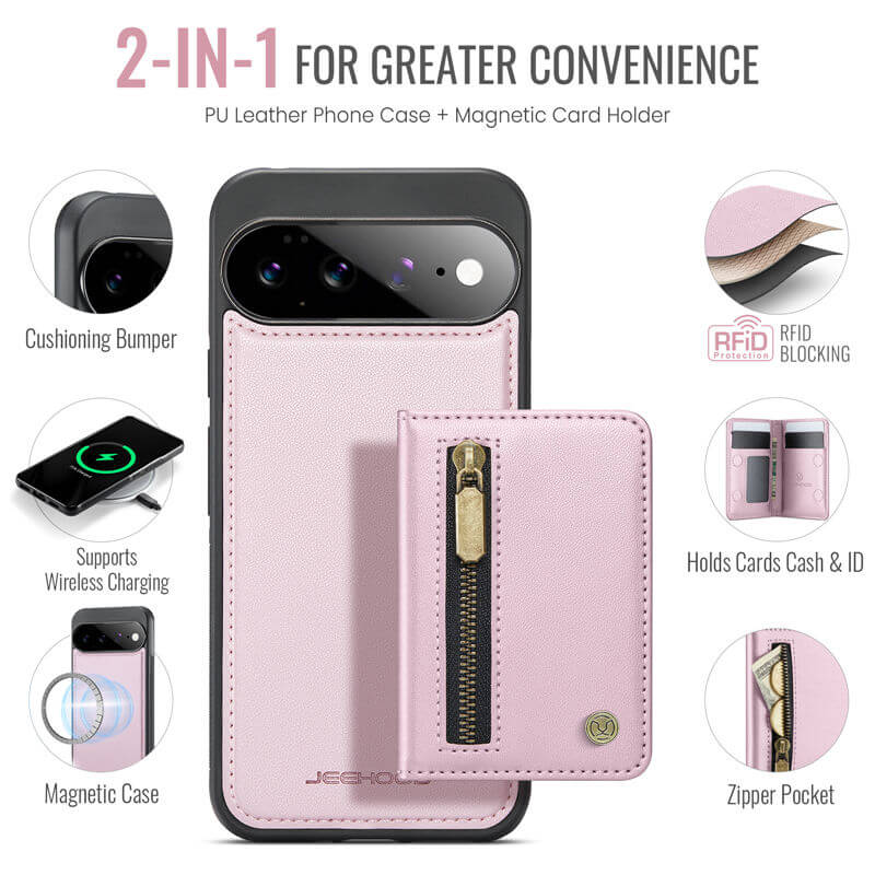 JEEHOOD Google Pixel 11 Pro XL Detachable Magnetic Zipper Wallet Case with RFID Blocking